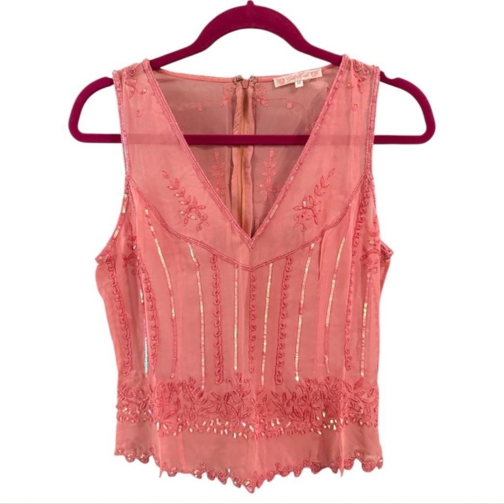 NWT Gold Hawk Salmon Pink Embroidered V-Neck Beaded Blouse Tank Size Large